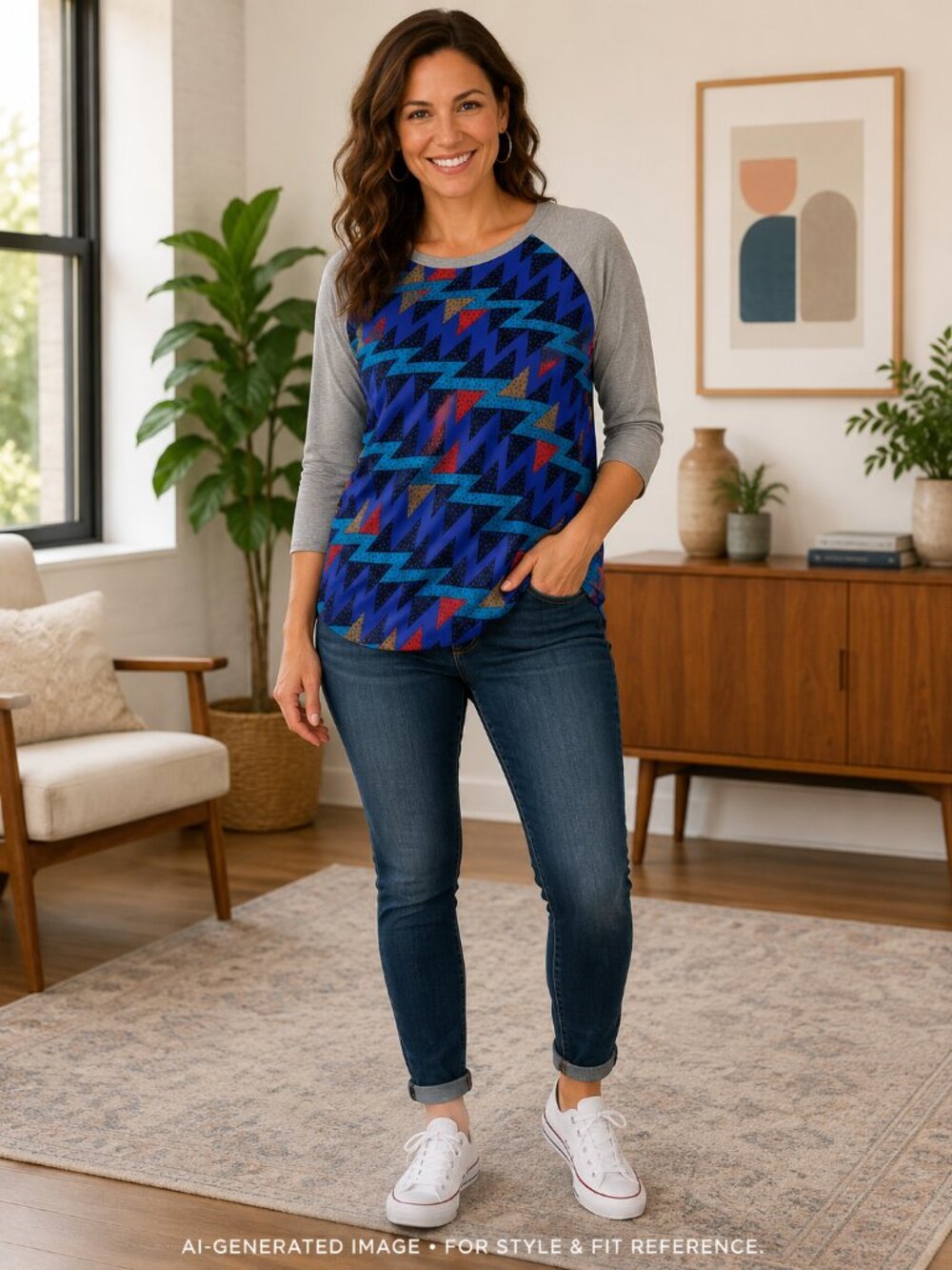 LuLaRoe Blue Geometric Print Gray Raglan Randy T